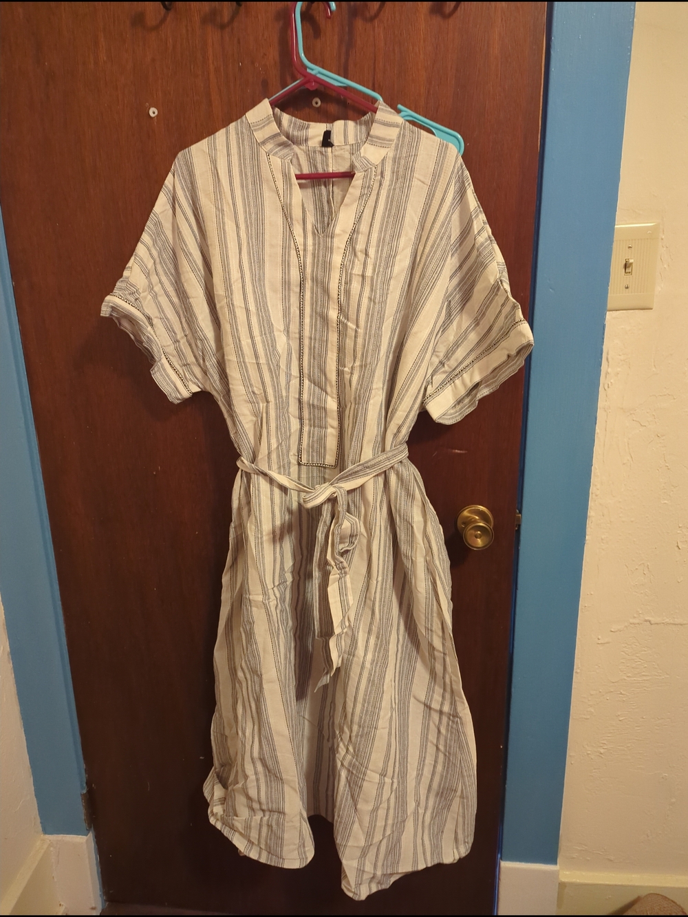 Striped Tie-Waist Shirt Dress - Blue & Cream